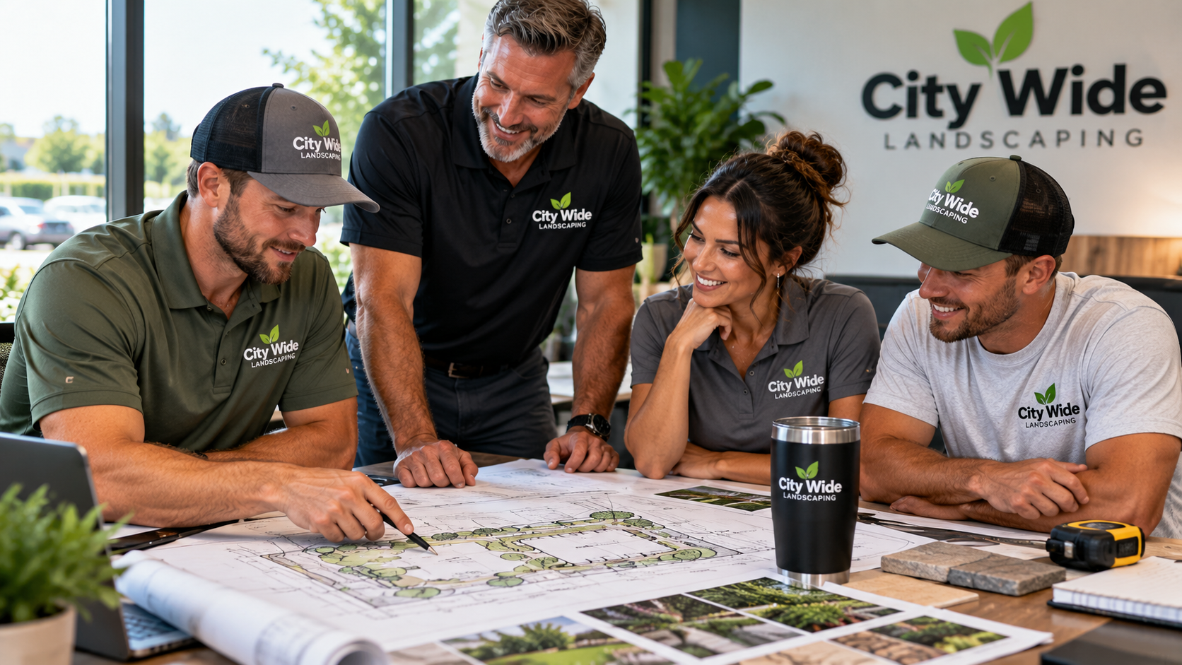 Business team in coordinated branded apparel