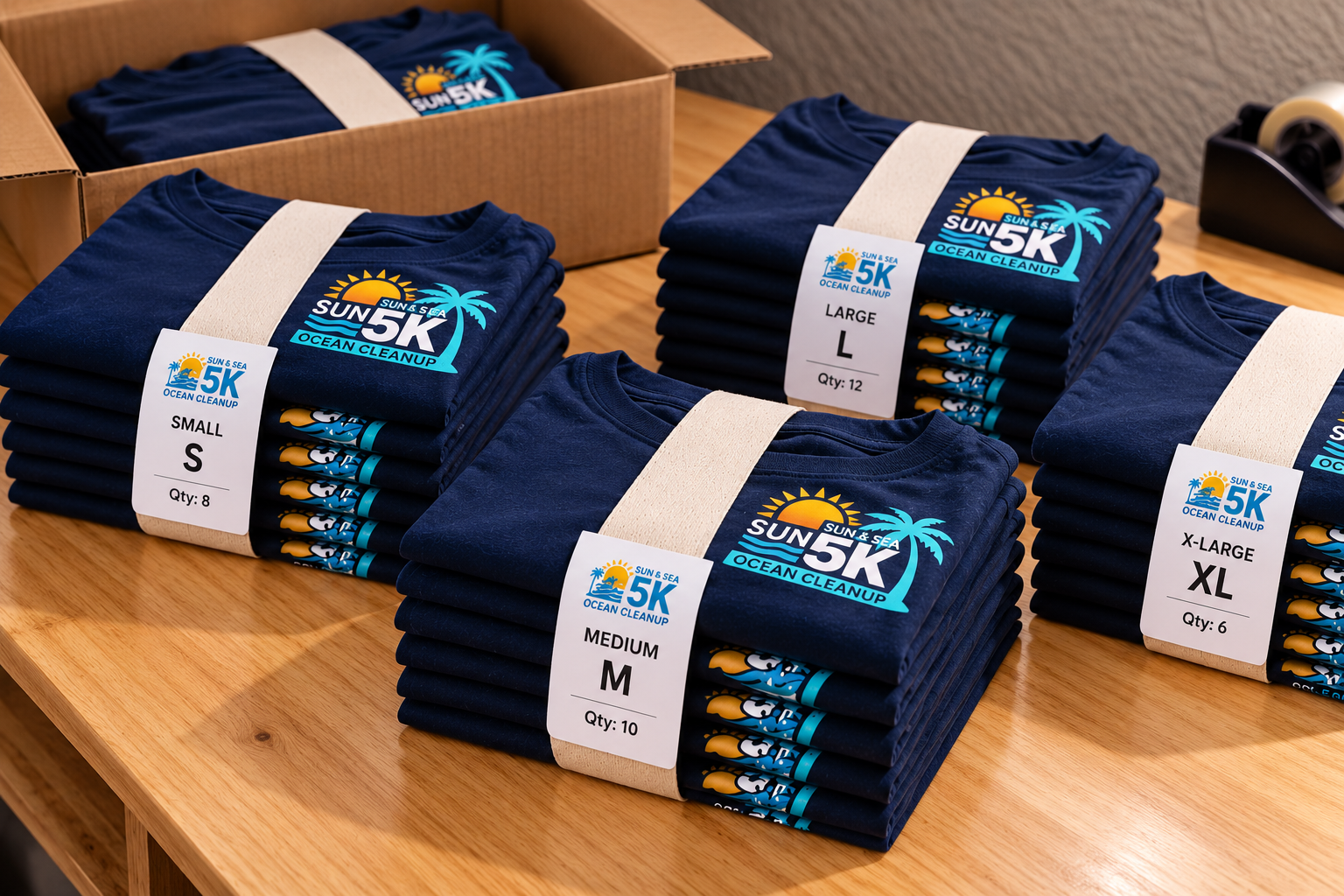 Custom apparel being organized and packed by size and order