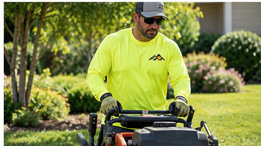 Outdoor crew member working in a long-sleeve performance sun shirt
