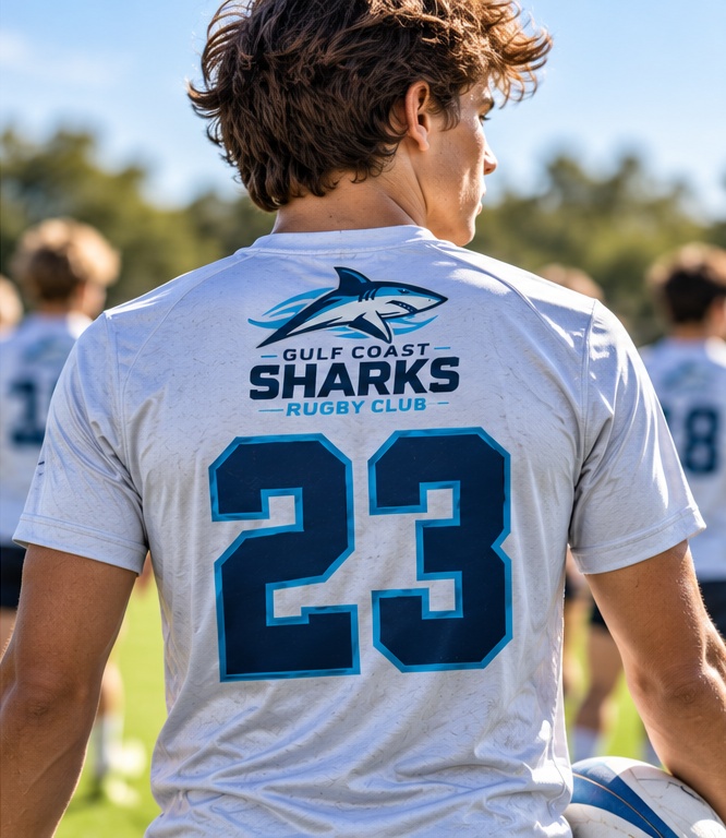 Team athlete wearing a performance tee personalized with an individual player number