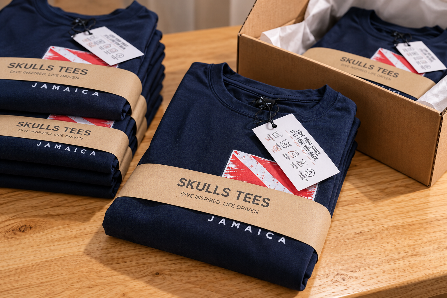 Individually packaged custom apparel prepared for presentation or resale