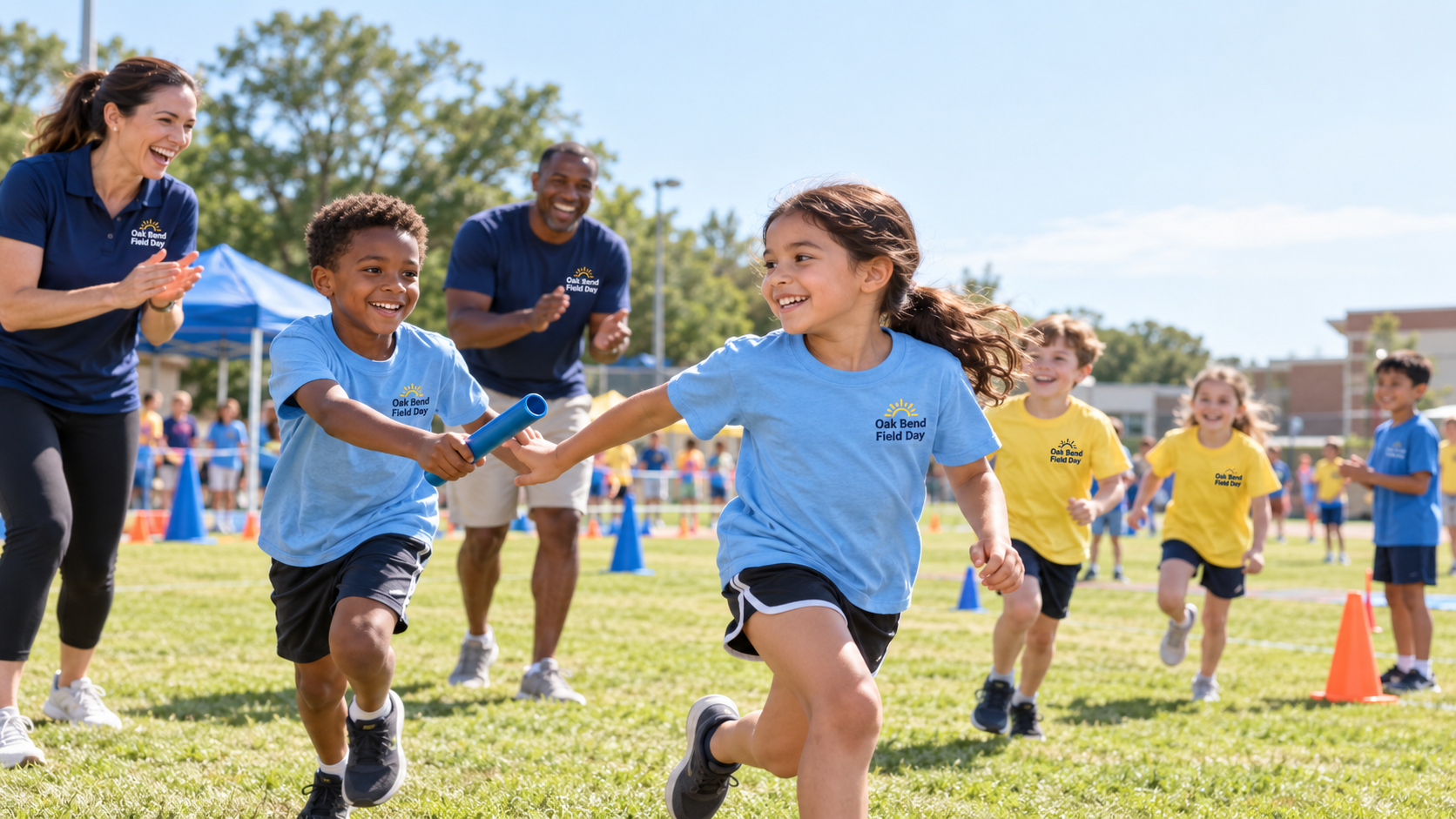 Students and staff wearing coordinated Field Day apparel