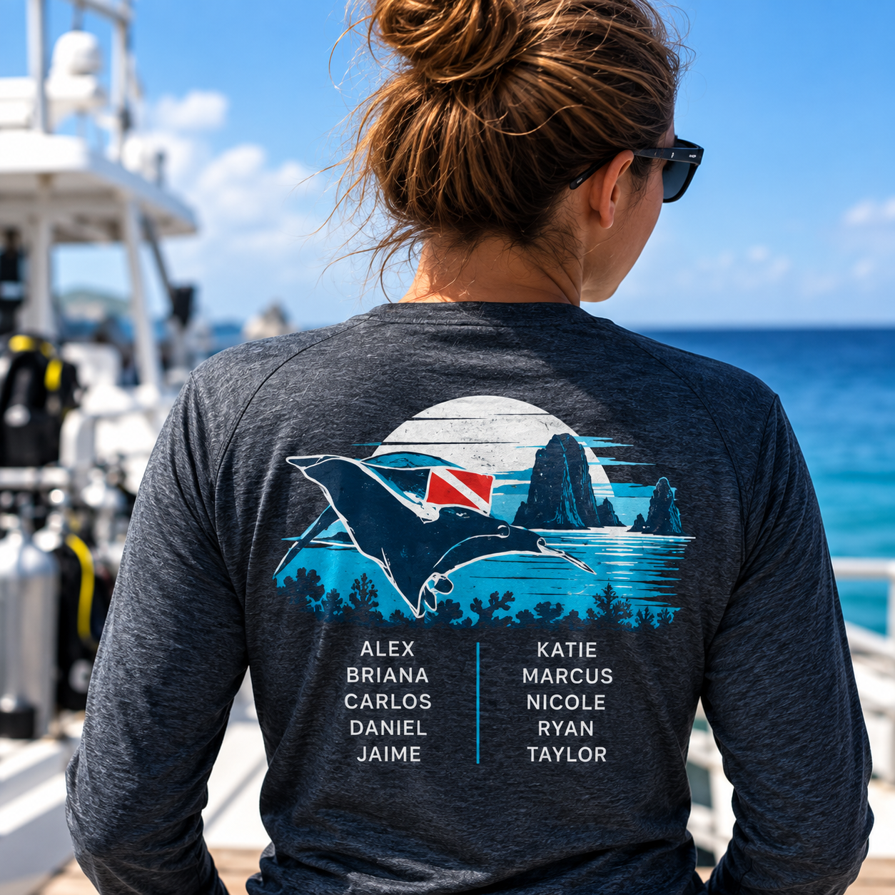 Dive training shirt featuring a manta ray design and candidate names.